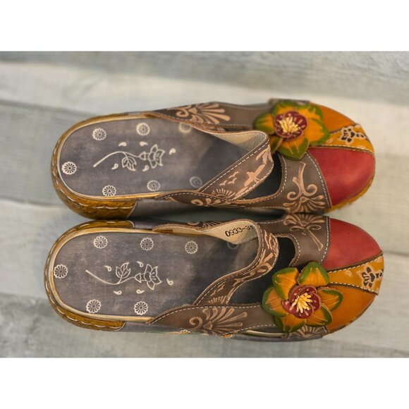 Womens Socofy Boho Handcrafted Leather Floral Slip-On Clogs Size 37 Platform - Picture 5 of 7